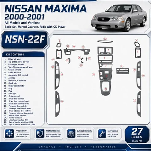 Nissan Maxima 2000-2001 Basic Set, Manual Gear, Radio With CD Player, 27 delen set interieur dashboard decoratieset dashboard de