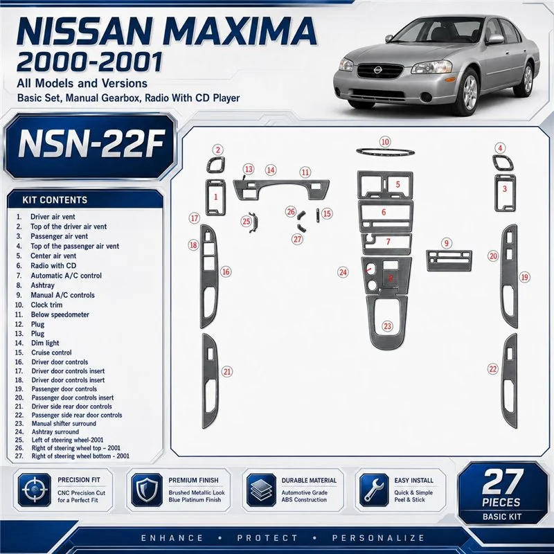 Nissan Maxima 2000-2001 juego básico, Manual Gear, Radio With CD Player, 27 piezas set kit de molduras interiores para salpicade