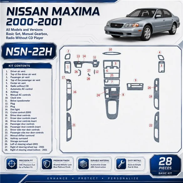 Nissan Maxima 2000-2001 Basic Set, Manual Gear, Radio Without CD Player, 28 delen interieur dashboard decoratieset dashboard dec