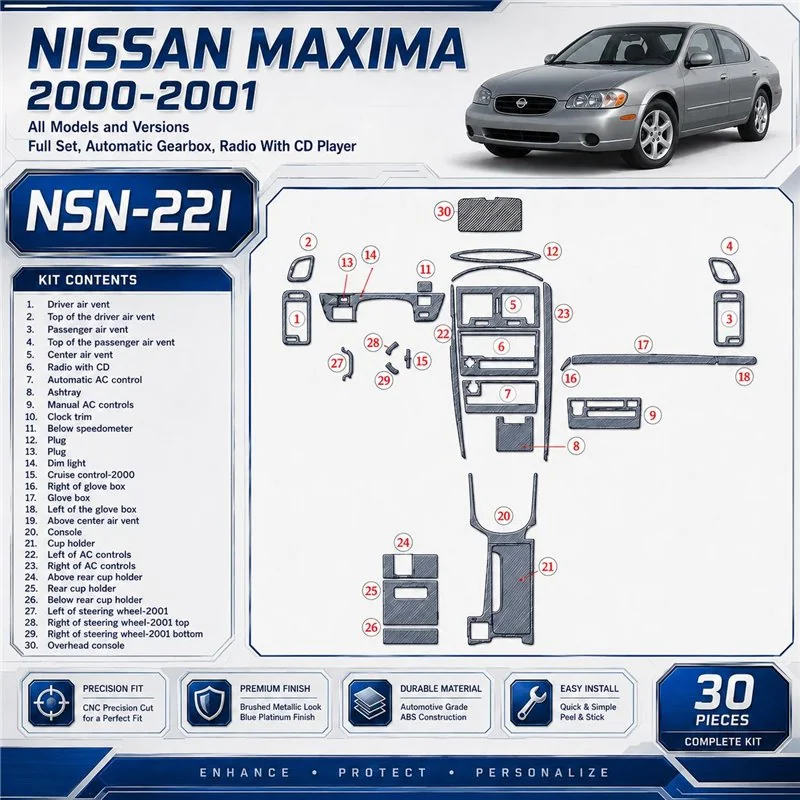 Nissan Maxima 2000-2001 Full Set, Auto Gear, Radio With CD Player, 30 delen set interieur dashboard decoratieset dashboard decor