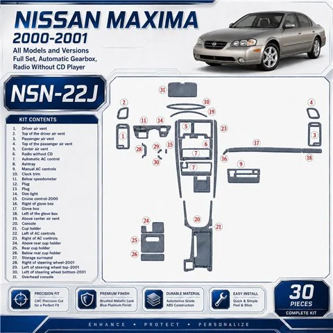 Nissan Maxima 2000-2001 Full Set, Auto Gear, Radio Without CD Player, 30 Parts set Interior Dashboard Trim Kit Dash Trim Dekor