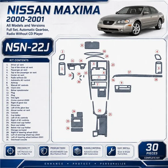 Nissan Maxima 2000-2001 Full Set, Auto Gear, Radio Without CD Player, 30 delen set interieur dashboard decoratieset dashboard de