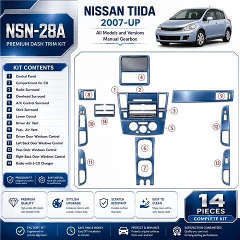 Nissan Tiida 2007-UP Full Set, Manual Gear Box Interior Dashboard Trim Kit Dash Trim Dekor