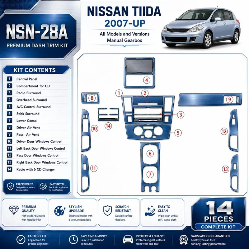 Nissan Tiida 2007-UP Full Set, Manual Gear Box Interior Dashboard Trim Kit Dash Trim Dekor