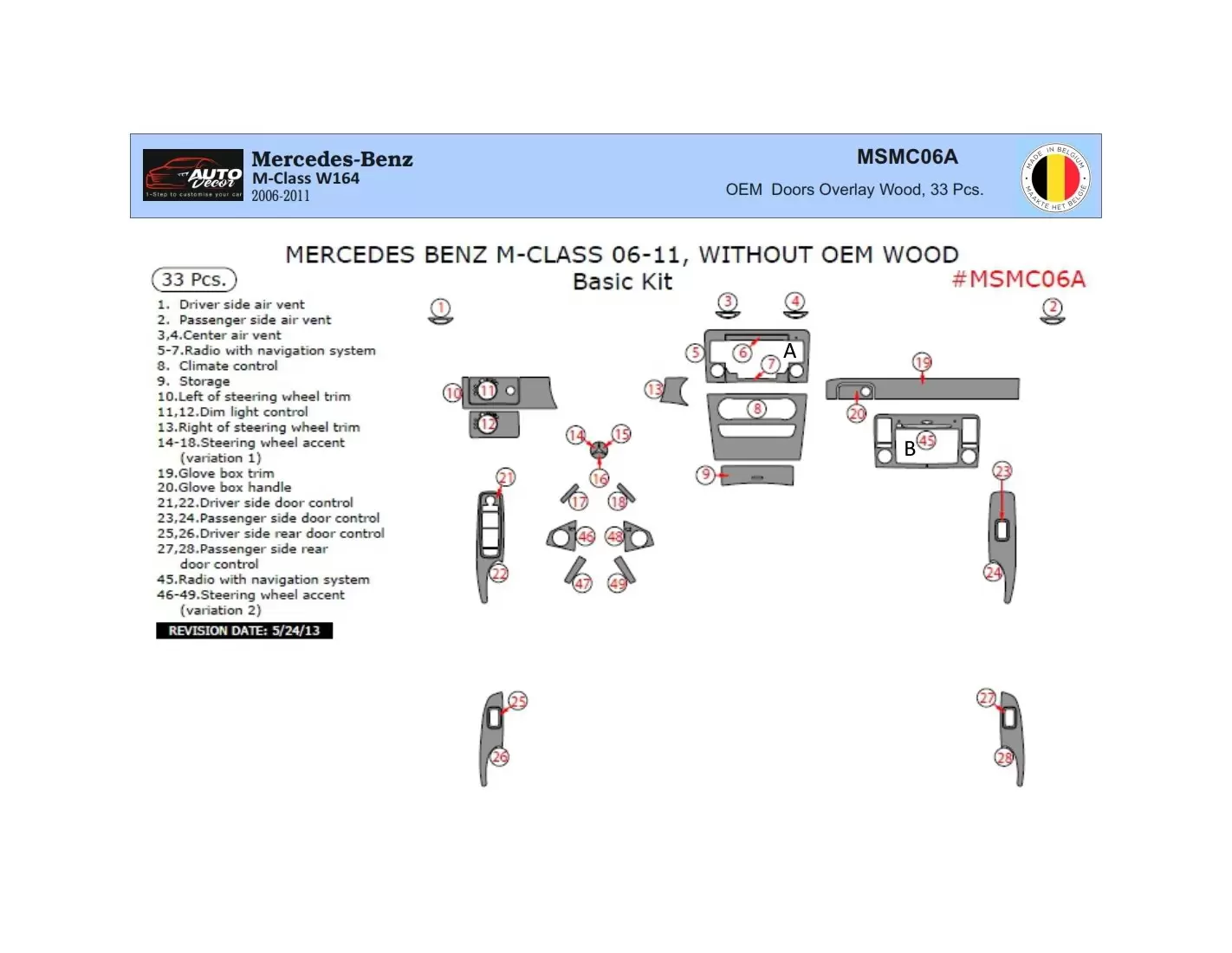 Mercedes ML-Class W164 2006-2011 3D Interior Dashboard Trim Kit Dash Trim Dekor 33-Parts