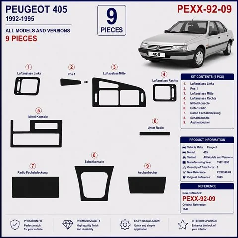 Peugeot 405 1992-1995 3D Armaturenbrett-Dekor-Set, 9 Teile 2