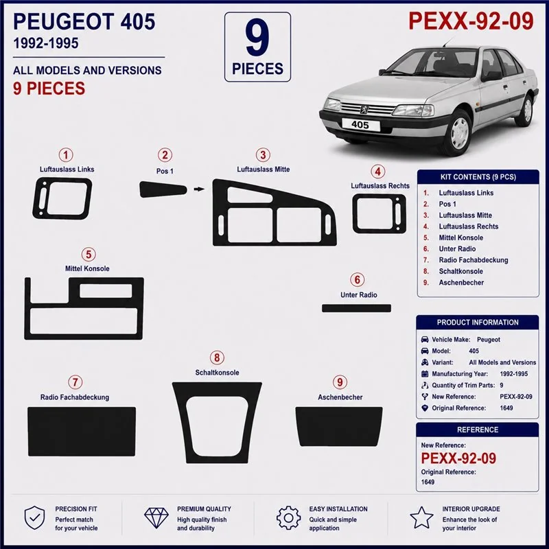 Peugeot 405 1992-1995 kit salpicadero 3D, 9 piezas