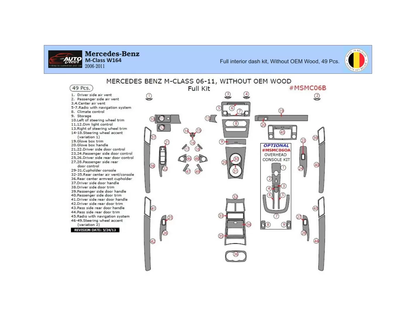 Mercedes ML-Class W164 01.2010 3D Interior Dashboard Trim Kit Dash Trim Dekor 25-Parts