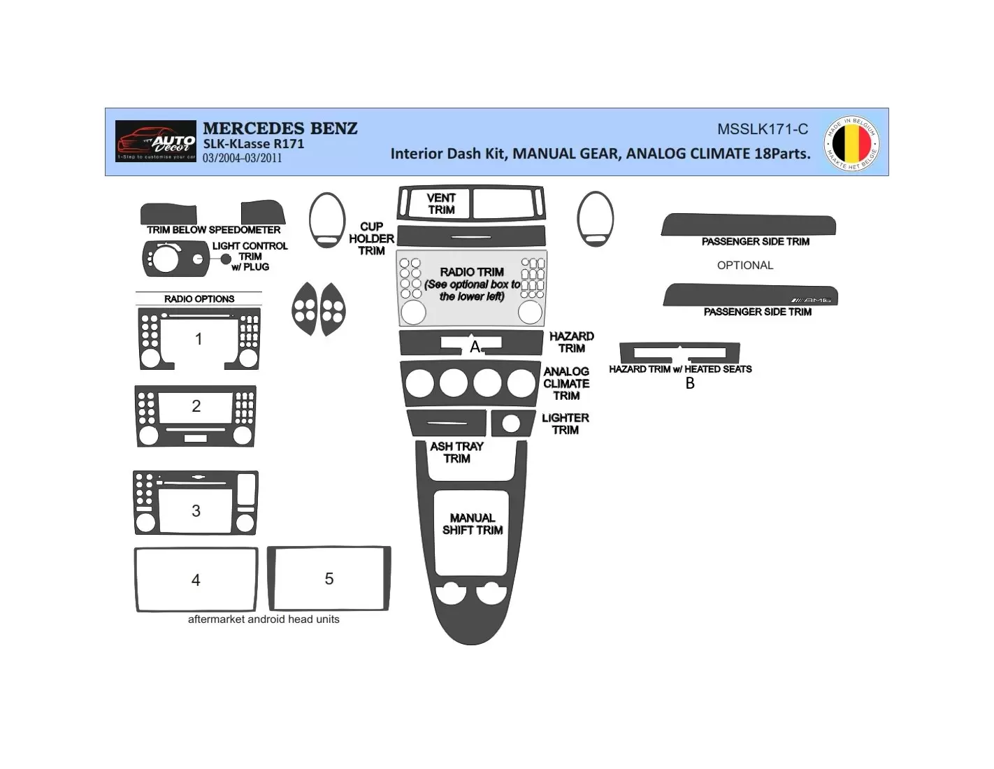 Mercedes SLK (R171) 2004-2010 3D Interior Dashboard Trim Kit Dash Trim Dekor 18-Parts