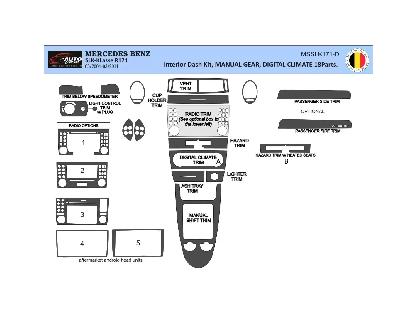 Mercedes SLK (R171) 2004-2010 3D Interior Dashboard Trim Kit Dash Trim Dekor 18-Parts