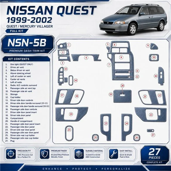 Nissan Quest 1999-2002 juego completo, 27 piezas set kit de molduras interiores para salpicadero