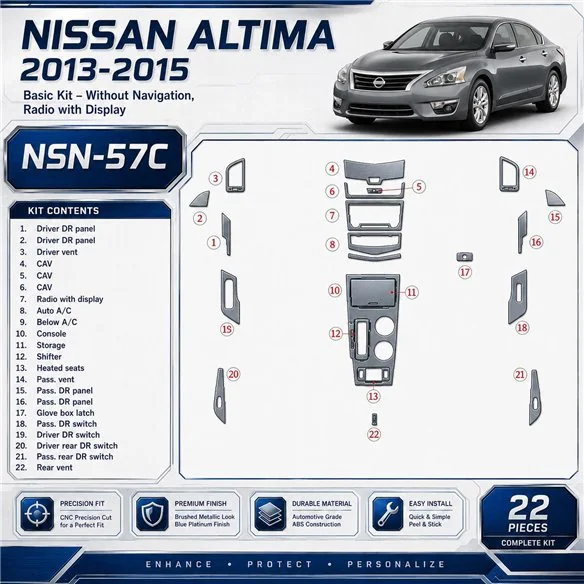 Nissan Altima 2013-heden Basic Set, Without NAVI, Radio-LCD interieur dashboard decoratieset dashboard decor