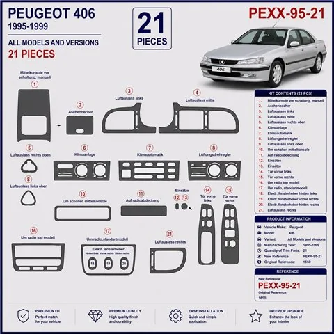 Peugeot 406 1995-1999 kit décor tableau de bord 3D, 21 pièces 2