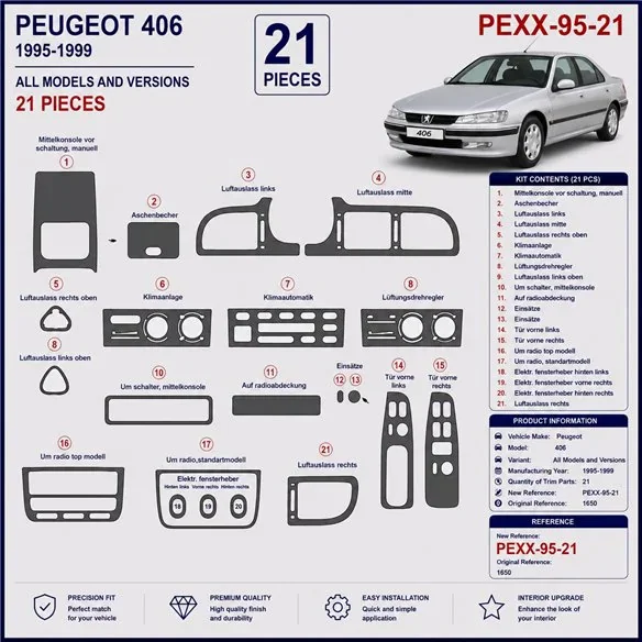 Peugeot 406 1995-1999 kit salpicadero 3D, 21 piezas