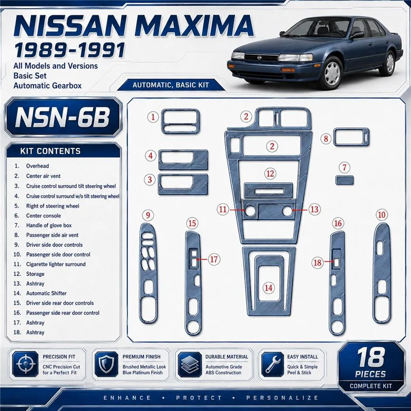 Nissan Maxima 1989-1991 juego básico, caja automática, 18 piezas set kit de molduras interiores para salpicadero