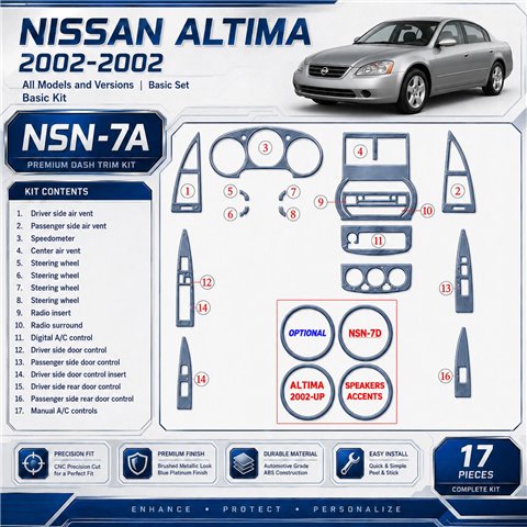 Nissan Altima 2002-2002 kit de base, 17 pièces kit décoration intérieure tableau de bord