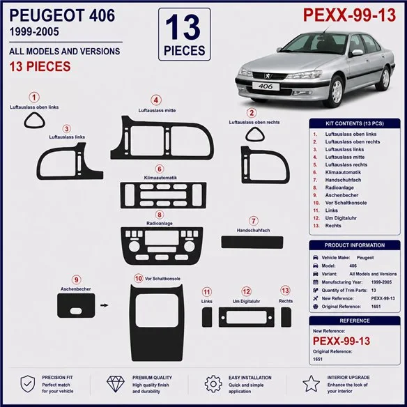 Peugeot 406 1999-2005 3D dashboard sierlijstset, 13 delen