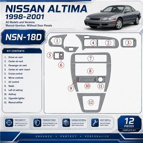 Nissan Altima 1998-2001 Manual Gearbox, Without Door panels,12 Parts set Interior Dashboard Trim Kit Dash Trim Dekor