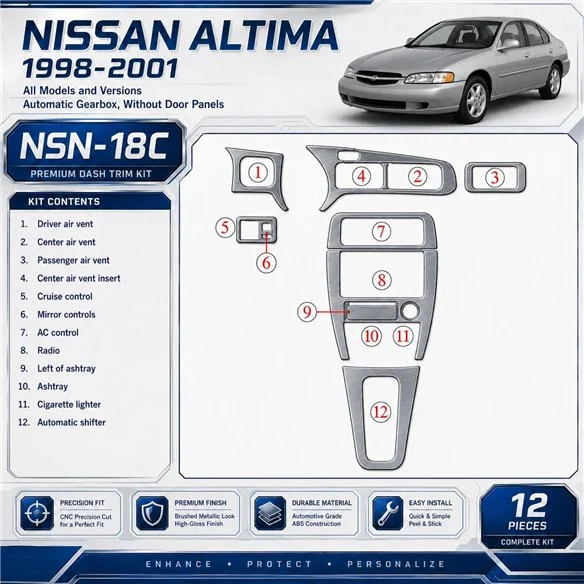 Nissan Altima 1998-2001 Automatic Gearbox, Without Door panels, 12 Parts set Interior Dashboard Trim Kit Dash Trim Dekor
