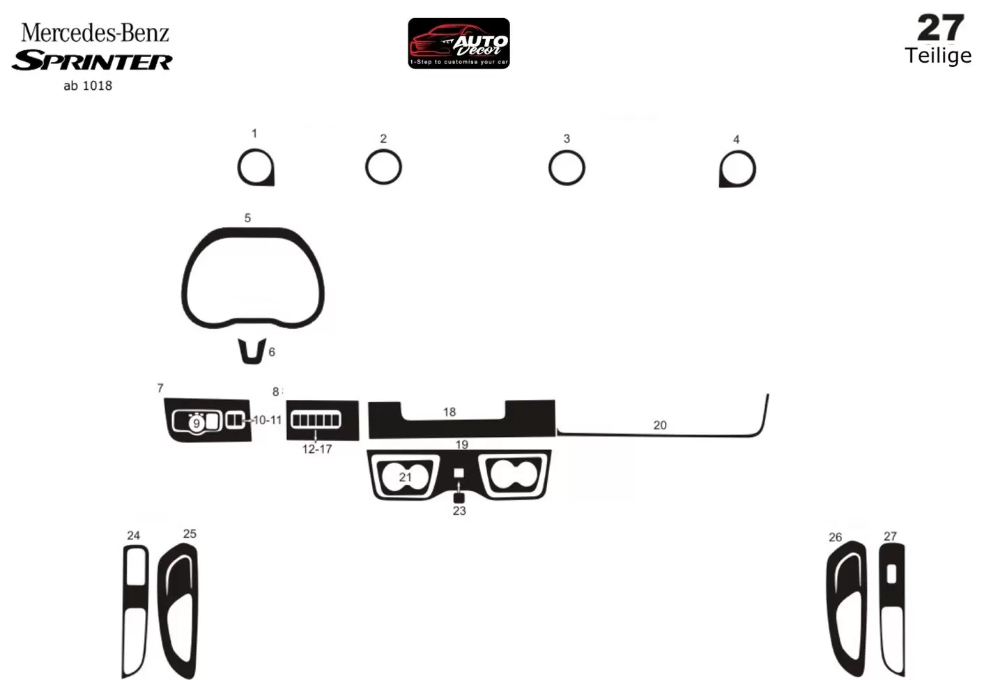 Mercedes Sprinter W907 2018 3M 3D Interior Dashboard Trim Kit Dash Trim Dekor 27-Parts