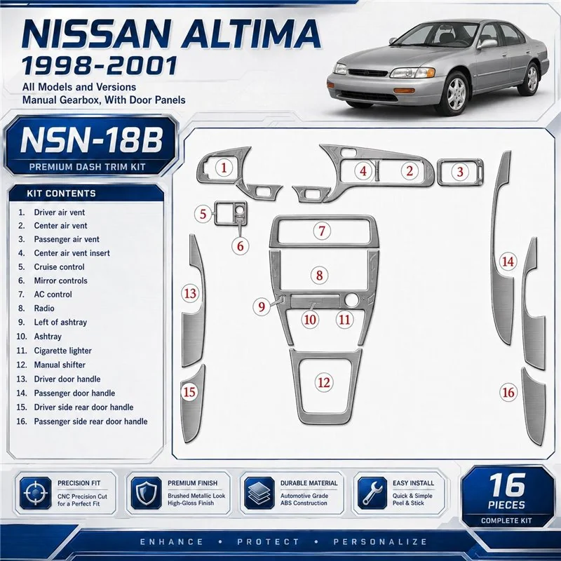 Nissan Altima 1998-2001 Manual Gearbox, With Door panels, 16 delen set interieur dashboard decoratieset dashboard decor