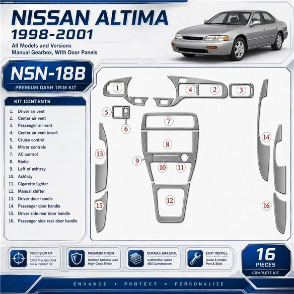 Nissan Altima 1998-2001 Manual Gearbox, With Door panels, 16 delen set interieur dashboard decoratieset dashboard decor