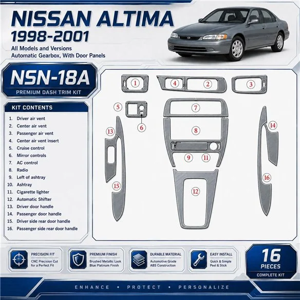 Nissan Altima 1998-2001 Automatic Gearbox, With Door panels, 16 delen set interieur dashboard decoratieset dashboard decor