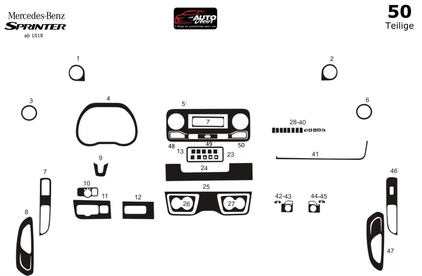 Mercedes Sprinter W907 2018 3M 3D Interior Dashboard Trim Kit Dash Trim Dekor 50-Parts