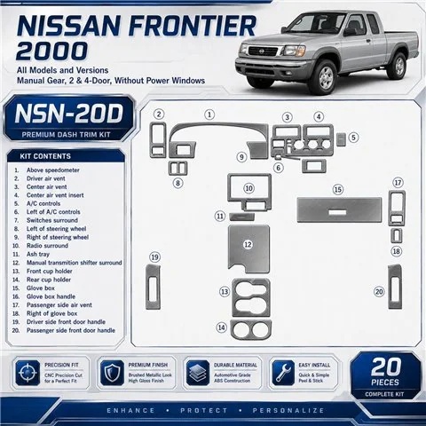 Nissan Frontier 2000-2000 cambio manuale, 2 & 4-Door; senza Power Windows kit rivestimento cruscotto e interni 3D 20 pezzi