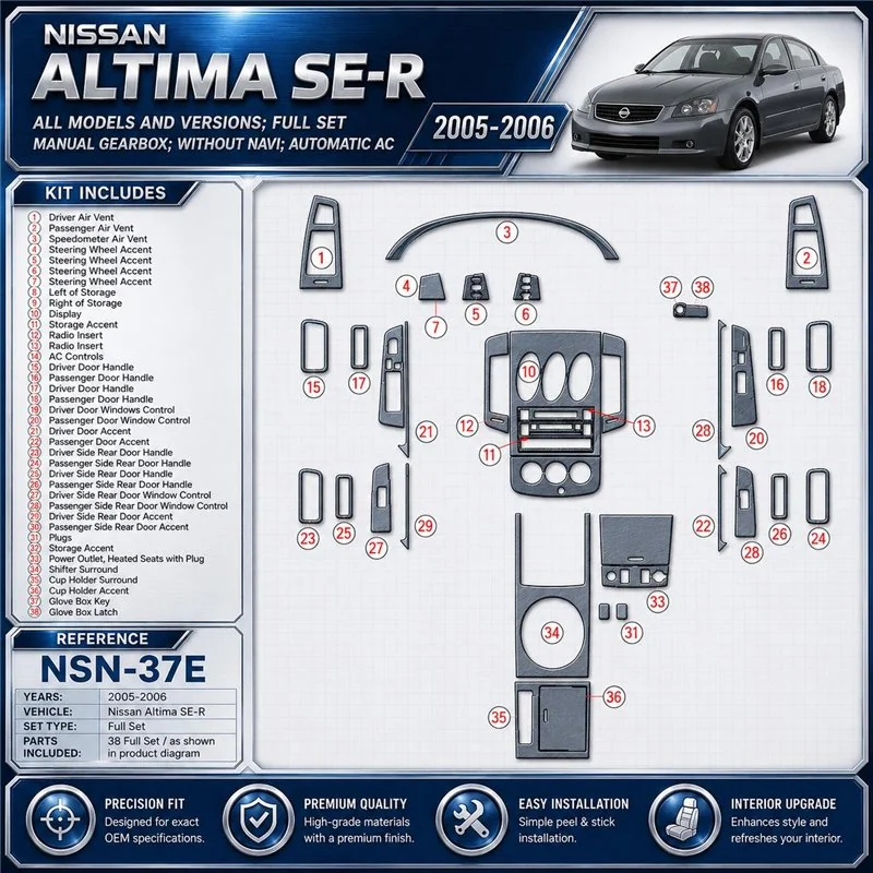 Nissan Altima 2005-2006 SE-R, Full Set, Manual Gear Box, Without NAVI, Automatic AC Interior Dashboard Trim Kit Dash Trim Dekor