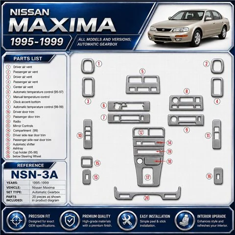 Nissan Maxima 1995-1999 Automatic Gearbox, 21 Parts set Interior Dashboard Trim Kit Dash Trim Dekor