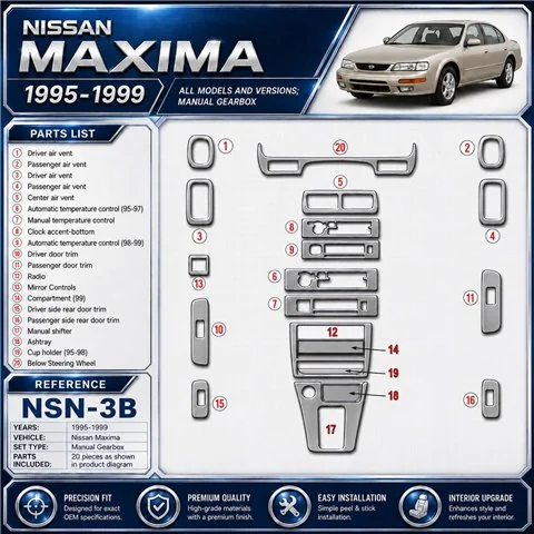 Nissan Maxima 1995-1999 Manual Gearbox, 21 Parts set Interior Dashboard Trim Kit Dash Trim Dekor