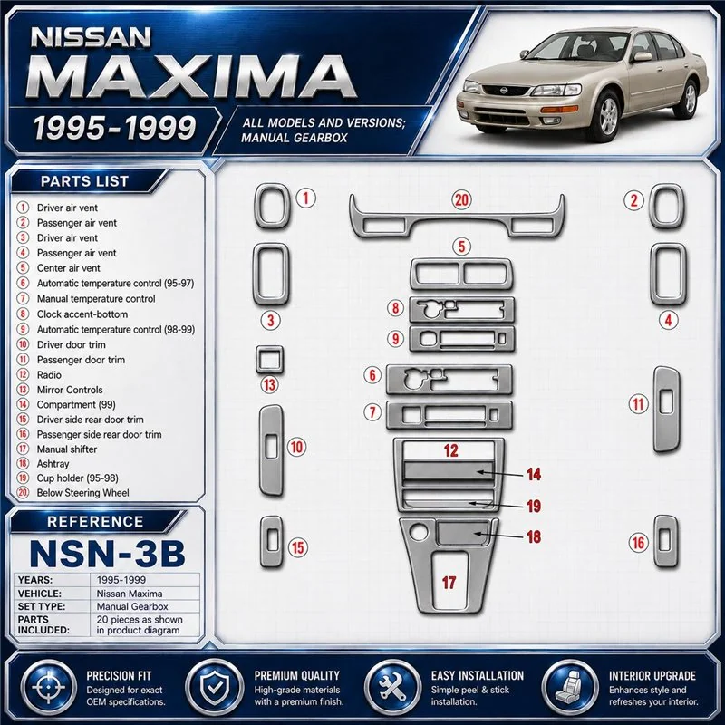 Nissan Maxima 1995-1999 caja manual, 21 piezas set kit de molduras interiores para salpicadero