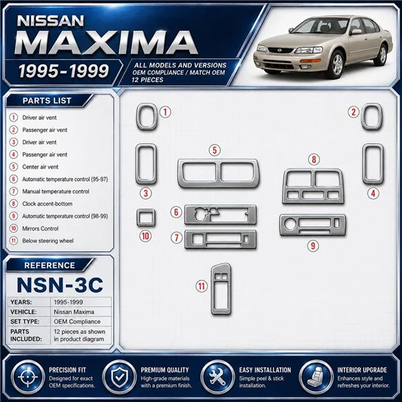 Nissan Maxima 1995-1999 compatibilidad OEM, 12 piezas set kit de molduras interiores para salpicadero