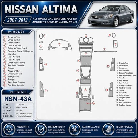 Nissan Altima 2007-2012 Full Set, Automatic Gear, Automatic A/C Interior Dashboard Trim Kit Dash Trim Dekor