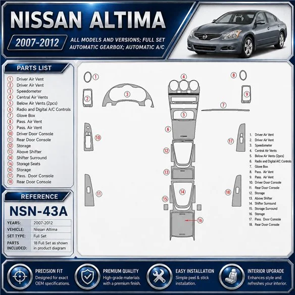 Nissan Altima 2007-2012 Full Set, Automatic Gear, Automatic A/C Interior Dashboard Trim Kit Dash Trim Dekor