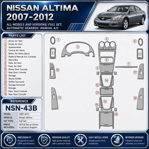 Nissan Altima 2007-2012 Full Set, Automatic Gear, Manual Gearbox A/C Interior Dashboard Trim Kit Dash Trim Dekor