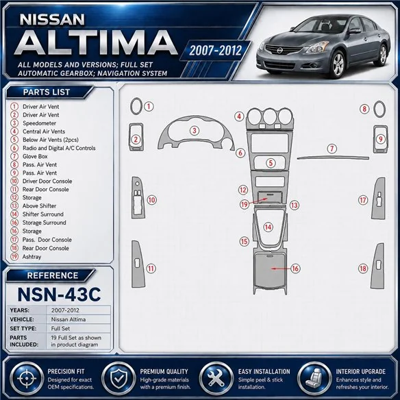 Nissan Altima 2007-2012 Full Set, Automatic Gear, Navigation system interieur dashboard decoratieset dashboard decor