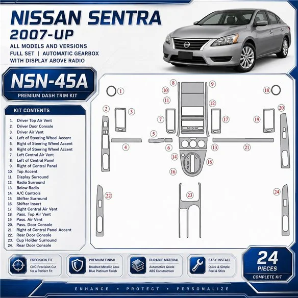 Nissan Sentra 2007-UP Full Set, Automatic Gear, With Display Above Radio Interior Dashboard Trim Kit Dash Trim Dekor