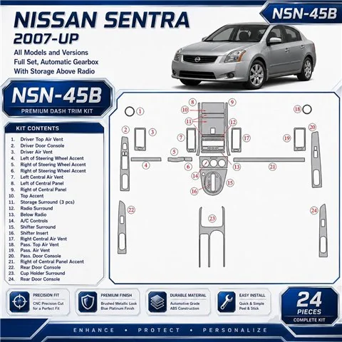 Nissan Sentra 2007-UP Full Set, Automatic Gear, With Storage Above Radio Interior Dashboard Trim Kit Dash Trim Dekor