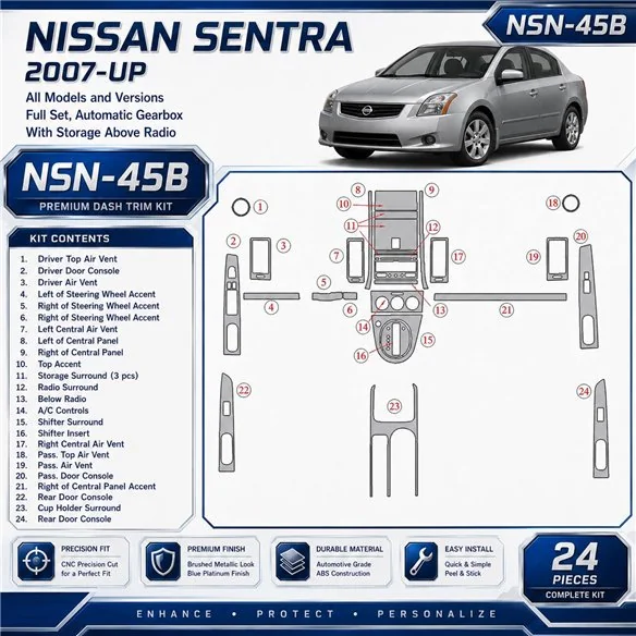 Nissan Sentra 2007-UP Full Set, Automatic Gear, With Storage Above Radio Interior Dashboard Trim Kit Dash Trim Dekor