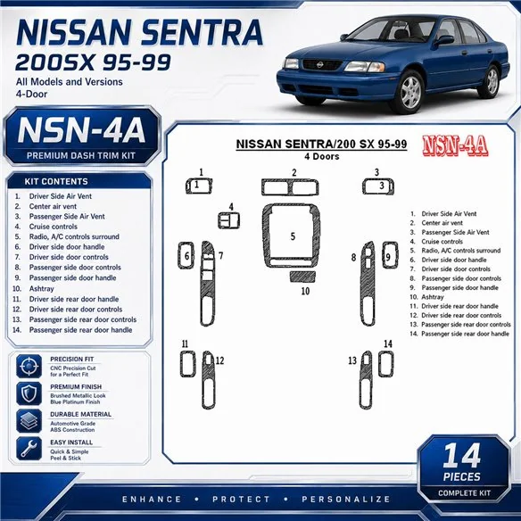 Nissan Sentra 1995-1999 4 Doors, 14 piezas set kit de molduras interiores para salpicadero
