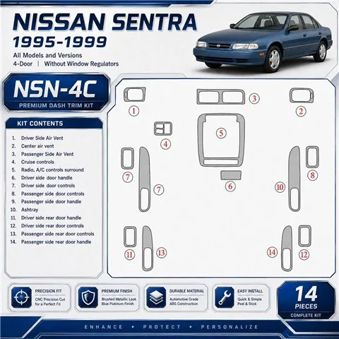 Nissan Sentra 1995-1999 4 Doors, Without window regulators kit de molduras interiores para salpicadero