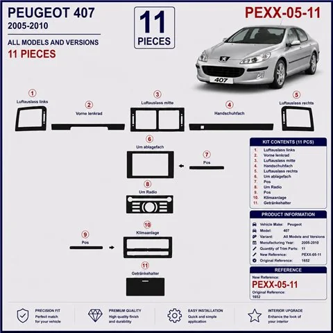 Peugeot 407 2005-2010 3D dashboard trim kit, 11 parts 2