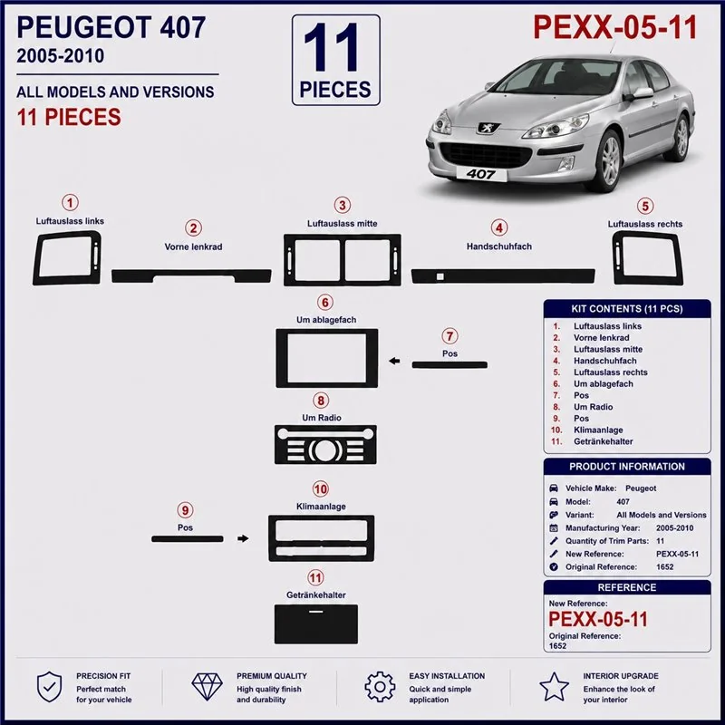 Peugeot 407 2005-2010 3D dashboard sierlijstset, 11 delen