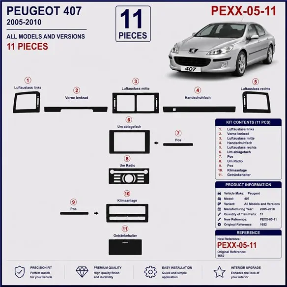 Peugeot 407 2005-2010 3D dashboard trim kit, 11 parts