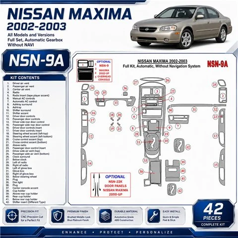 Nissan Maxima 2002-2003 juego completo, Automatic Gear,sin navegador, kit de molduras interiores para salpicadero
