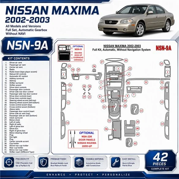 Nissan Maxima 2002-2003 Full Set, Automatic Gear,Without NAVI, Interior Dashboard Trim Kit Dash Trim Dekor