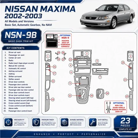 Nissan Maxima 2002-2003 Basic Set, Automatic Gearbox, No Navi, 23 Parts set Interior Dashboard Trim Kit Dash Trim Dekor