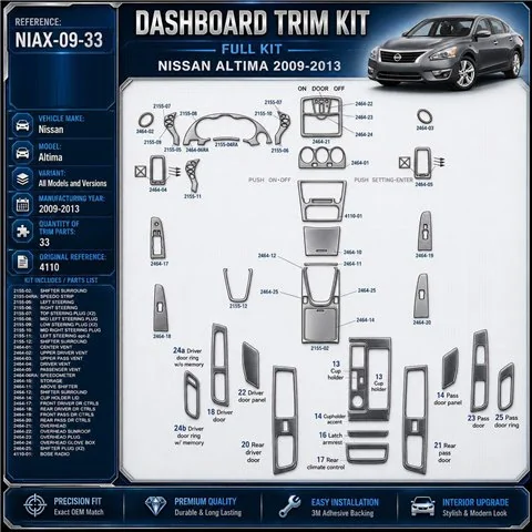 Nissan Altima 2009-2013 Interior Dashboard Trim Kit Dash Trim Dekor 33 Parts